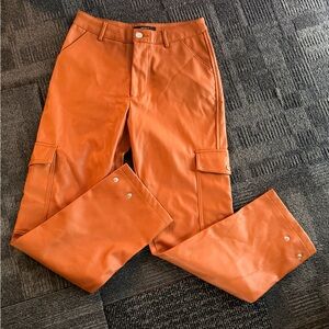 FOREVER 21 Faux Leather Women’s Cargo Pants, Brick Brown Button Hem -SIZE S-